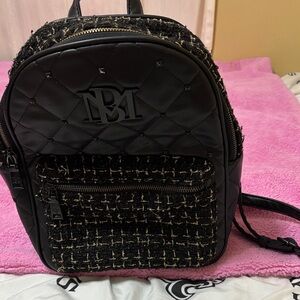 Black Quilted Backpack with Tweed Accents